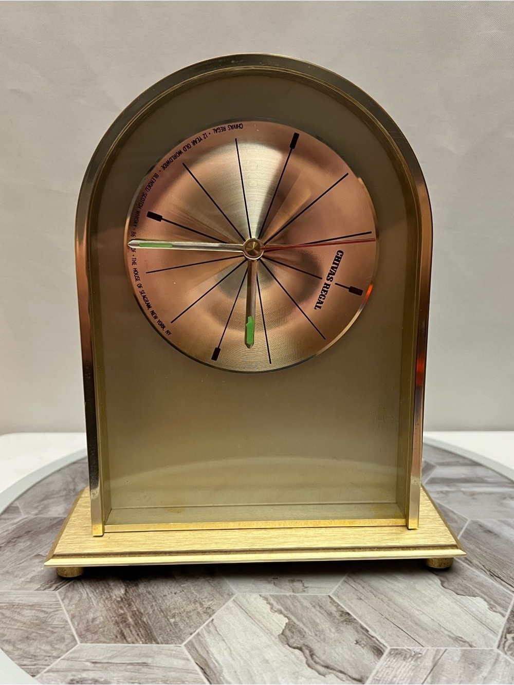 Vintage Chivas Regal Seagram Brass Tone Quartz Desk Shelf Clock 10”